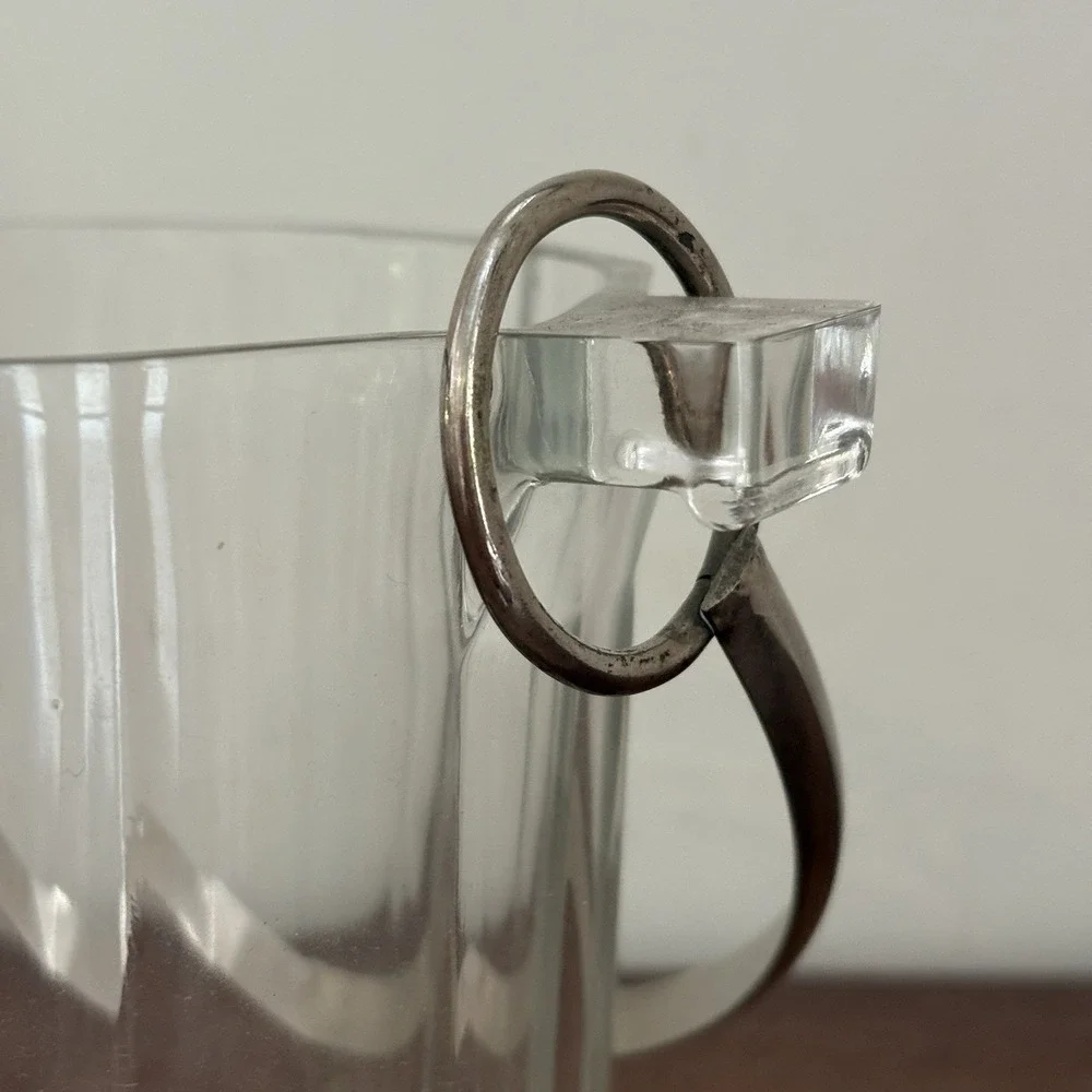 Vintage Faceted Glass Ice Bucket Handle Mid Century Heavy Paneled Barware Wine